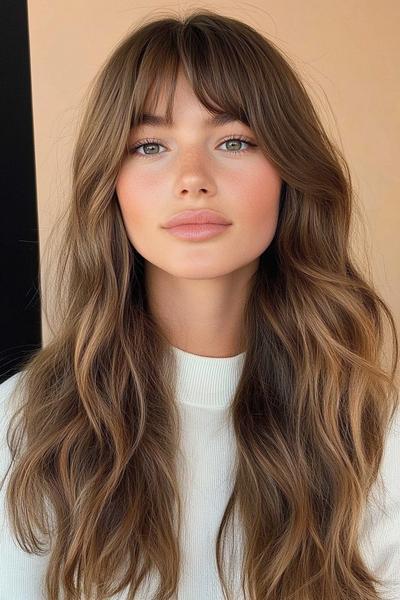 A woman with long, wavy hair and curtain bangs.