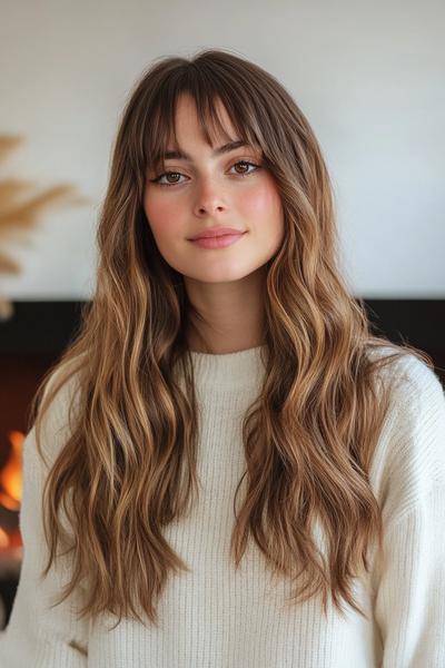 A woman with long, wavy hair styled with curtain bangs, wearing a cream-coloured jumper.