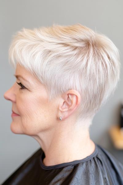 A short, layered pixie cut with soft, side-swept bangs, ideal for a low-maintenance, wash-and-wear hairstyle.