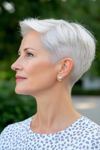 A woman with short, silver hair styled in a sleek, layered pixie cut.