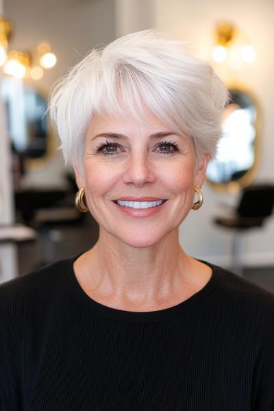 A short, stylish silver pixie cut with layered bangs, perfect for an older woman seeking a modern and sophisticated look.