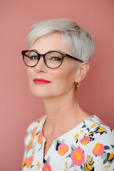 An older woman with glasses sporting a stylish, short pixie cut with silvery-white hair, against a pink background.