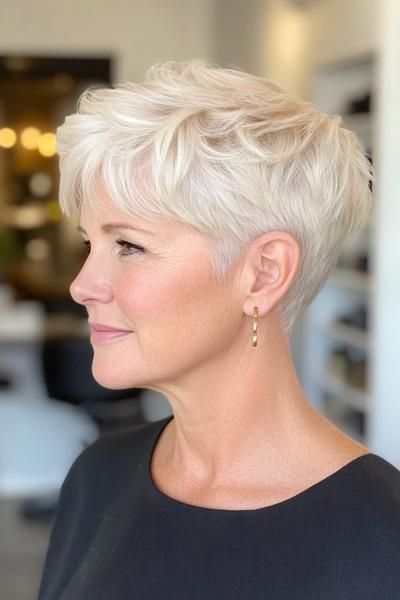 A stylish, short pixie cut with soft, textured layers, perfect for a wash-and-wear look for women over 60.