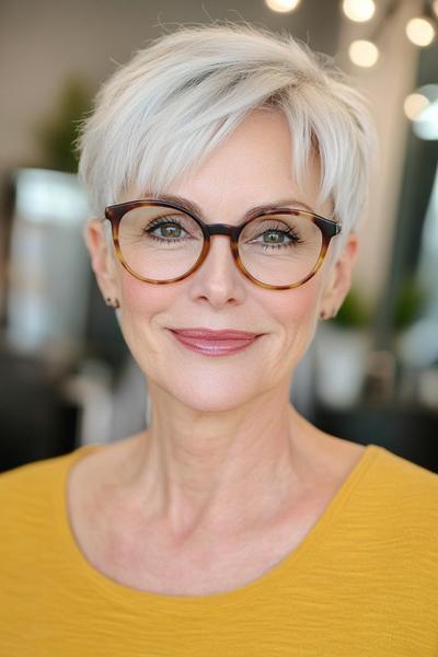 An older woman with stylish glasses is showcasing a chic, silver pixie cut hairstyle.