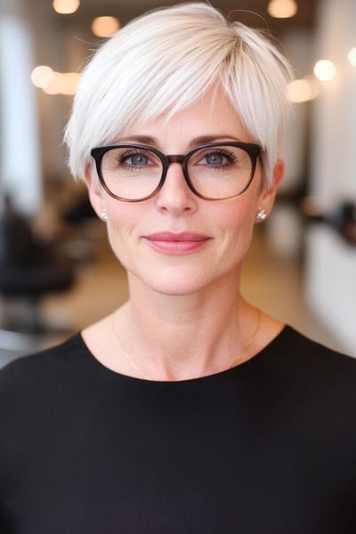 A stylish older woman with white, short pixie cut hair and black glasses, wearing a black top and standing indoors.