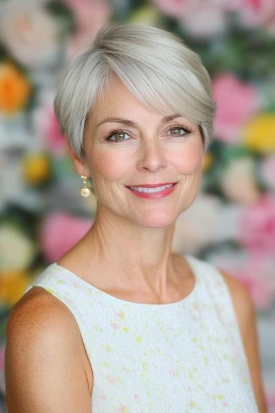 A mature woman with a pixie cut hairstyle featuring short, soft, silver-grey hair, gracefully framing her face with side-swept bangs.