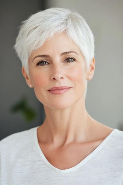 A mature woman with short, white, neatly styled pixie haircut.