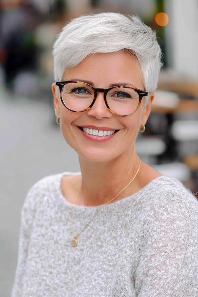 An older woman with glasses smiling, showcasing a chic silver pixie cut hairstyle.