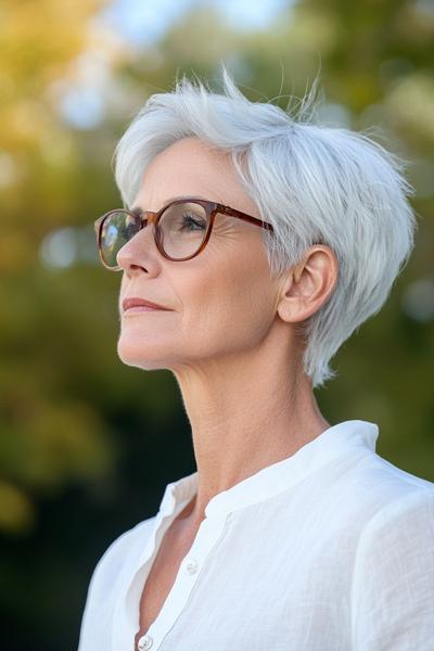 A woman with short, stylish, grey hair in a textured pixie cut, wearing glasses and a white shirt.