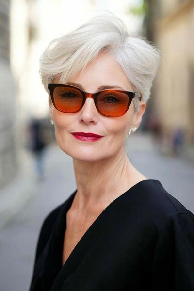 An elderly woman with short, choppy white hair styled in a voluminous, side-parted cut, wearing red sunglasses and a black outfit.