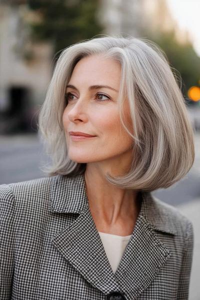 A woman with grey, shoulder-length hair styled in a classic, layered bob.