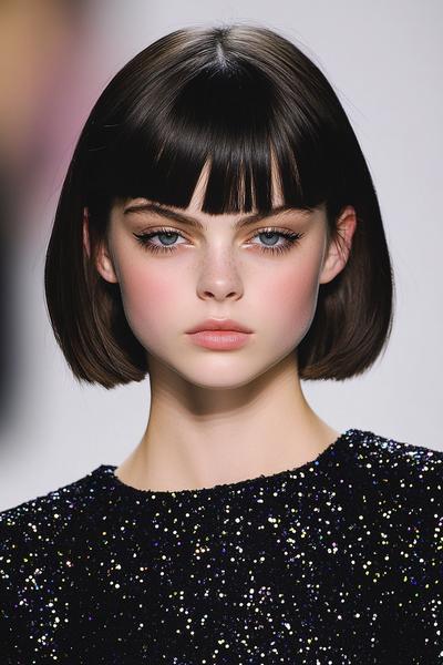 A young woman with a sleek, dark brown bob hairstyle and straight fringe, wearing a sparkly black top.