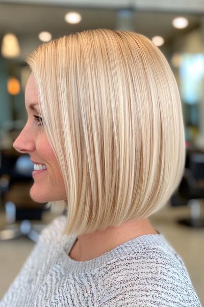 A close-up side profile of a woman with a sleek, straight blonde bob hairstyle.