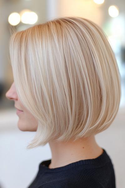 A woman with a sleek, blonde bob hairstyle is shown from the side, emphasising the clean, straight lines and smooth texture of the hair.