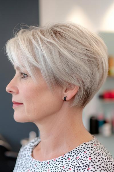 A stylish short layered haircut for an elderly woman, featuring a side-swept fringe and a soft, textured look.