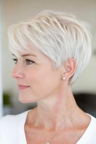 A white-haired older woman is sporting a chic short, choppy pixie cut with side-swept bangs.