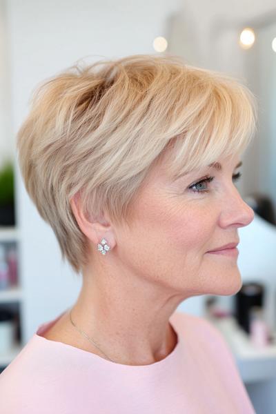 A woman with short, choppy, and layered blonde hair styled neatly, suitable for women over 70.