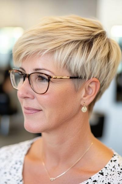 A short, blonde pixie cut with side-swept bangs, suitable for an older woman.