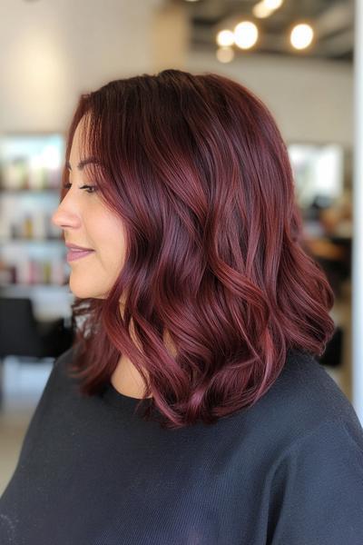 A woman with shoulder-length, wavy, burgundy dark red hair in a sleek and modern style.