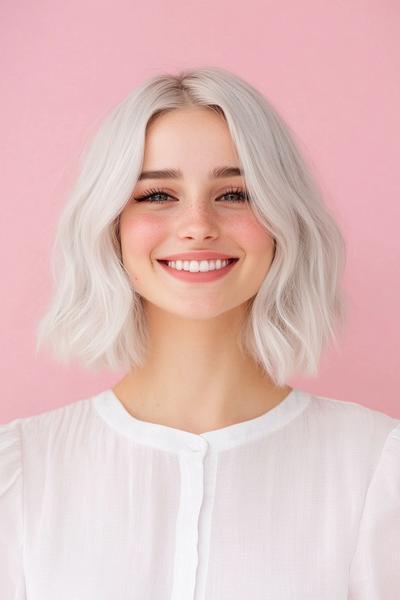 A woman with light ash blonde, wavy bob hair cut against a pink background, smiling and wearing a white blouse.