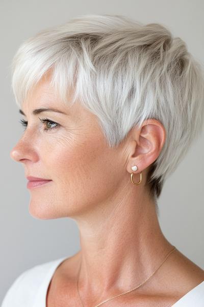 A woman with a short, choppy, layered haircut in a silver-blonde colour.