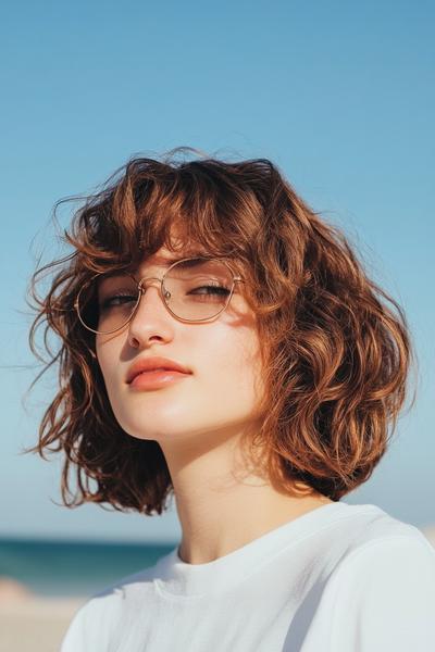 A person with wavy brown bob haircut and fringe, wearing glasses, looking confidently at the camera outdoors.