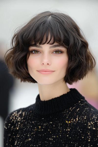 A woman with a dark, wavy bob haircut and a full fringe, wearing a black knitted sweater.