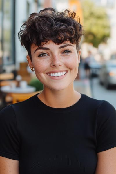 A woman with an undercut pixie haircut featuring curly top hair and shaved sides smiles outdoors.