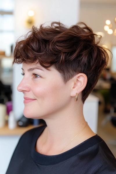 A woman with a curly undercut pixie hairstyle, featuring closely shaven sides and longer, voluminous curls on top.