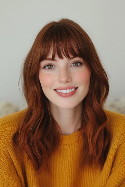 A woman with wavy dark auburn hair and full fringe, wearing a mustard yellow sweater, smiles warmly.