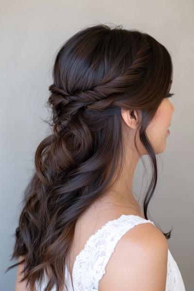 A side view of a woman with dark brown hair styled in loose waves, partially twisted and pinned at the back, showcasing a semi-formal, elegant look.