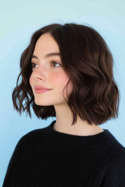 A woman with dark chocolate brown hair styled in a wavy, shoulder-length bob.