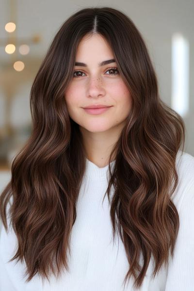 A woman with long, wavy dark chocolate brown hair styled in loose waves.