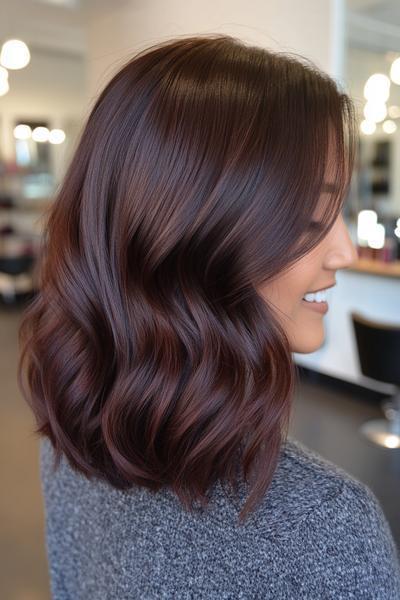 A woman with shoulder-length, wavy, dark chocolate brown hair is seen in a modern, well-lit salon.