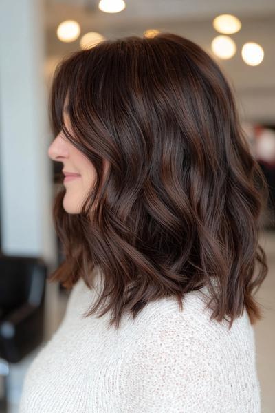 A woman with shoulder-length, wavy, dark chocolate brown hair and a side parting.