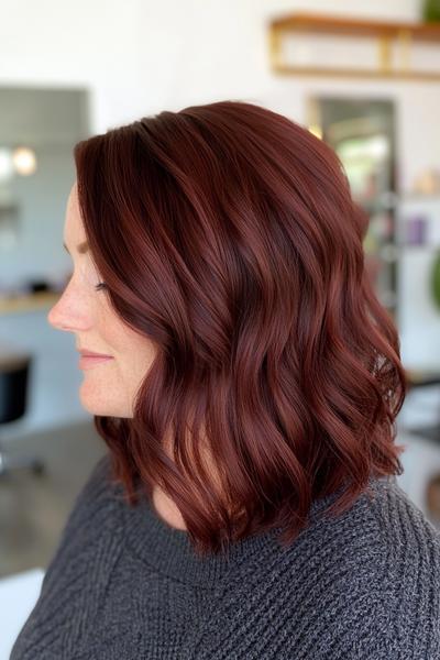 A woman with dark auburn hair styled in loose, shoulder-length waves.