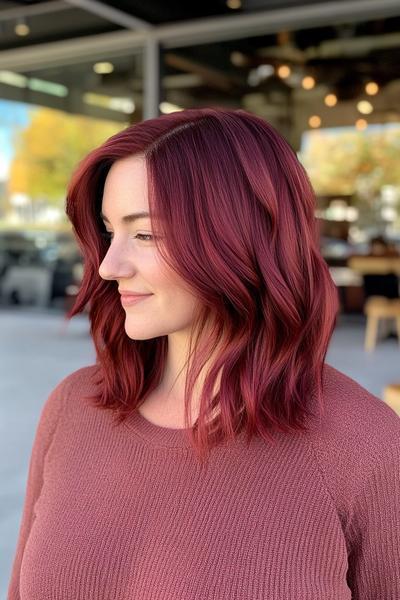 A woman with shoulder-length, wavy, burgundy dark red hair is seen in an outdoor setting.