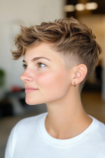 A woman with a stylish undercut pixie haircut, featuring short, neatly shaved sides and back, with textured, wavy hair on top.