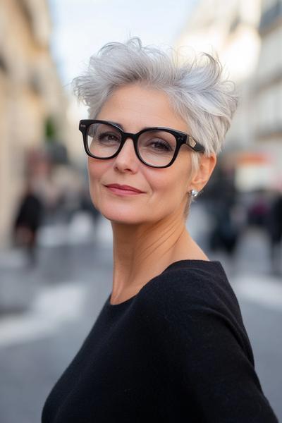 An older woman with grey hair styled in a short, choppy cut, wearing glasses and a black top, poses confidently on a city street.