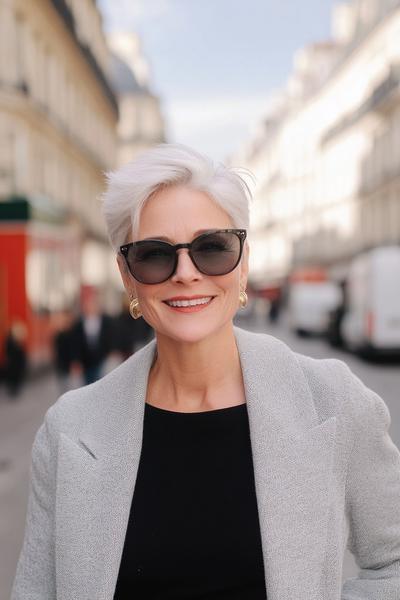 An older woman with short, stylishly layered white hair and sunglasses stands on a city street, wearing a grey coat over a black top.