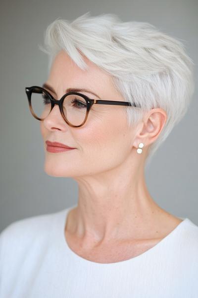 A stylish elderly woman with white hair in a short, layered pixie cut, wearing glasses and gold earrings.