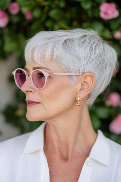 A close-up of an elderly woman with short, white, neatly trimmed hair, wearing pink tinted sunglasses and gold earrings, standing in front of a greenery and flower background.