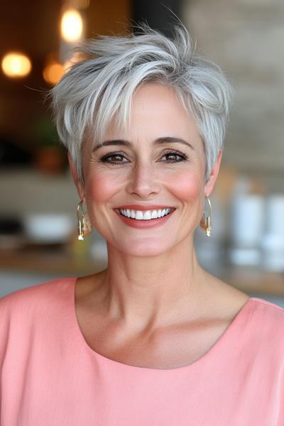 A woman with stylish short, layered silver hair, which frames her face and adds a youthful, modern touch.