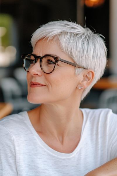 An older woman with short, white pixie cut hair and glasses smiles softly, wearing a white top.