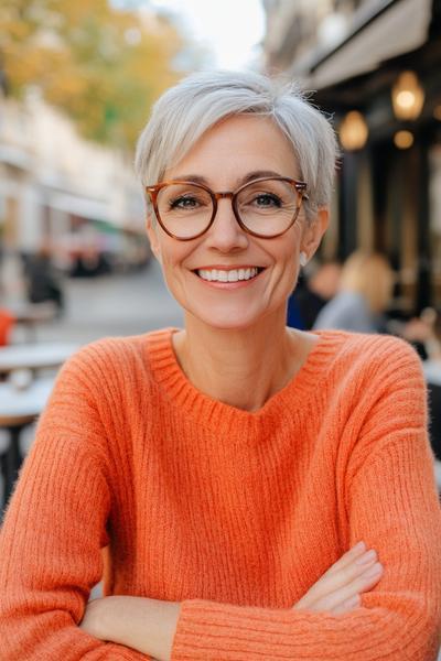 A woman with short, stylish grey hair and glasses, wearing an orange sweater, smiles while sitting at an outdoor café.