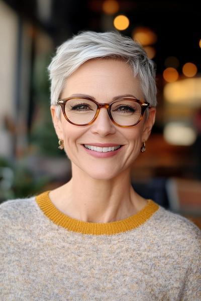 An elderly lady with short, stylish silver pixie cut hair and glasses, wearing a light grey jumper with a mustard yellow collar, smiles warmly.