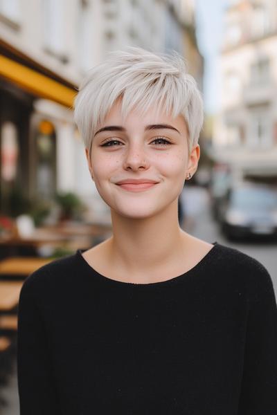 A woman with a platinum blonde undercut pixie haircut smiles, wearing a black top in a city street.