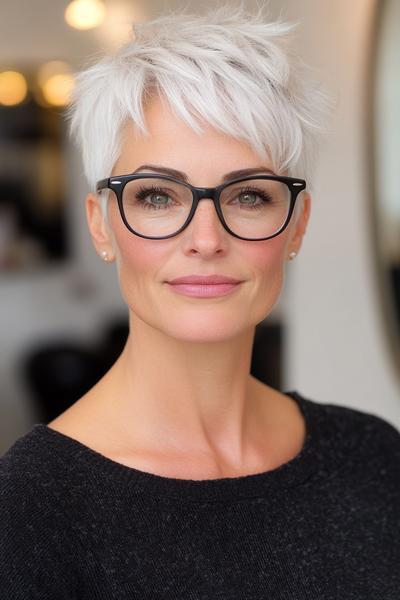 An older lady with glasses wears a stylish, short, tousled pixie cut with white hair, complementing her chic and modern look.