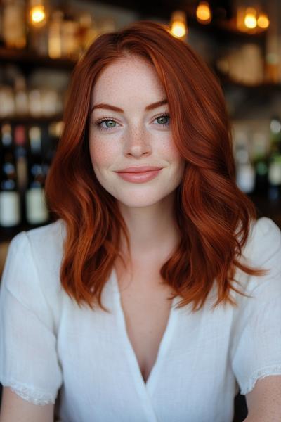 A woman with shoulder-length, wavy dark auburn hair styled in loose, natural waves.