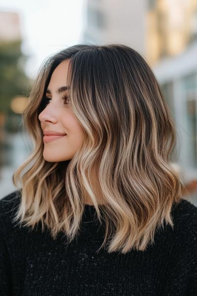 A woman with black hair featuring blonde highlights in a wavy, shoulder-length style.